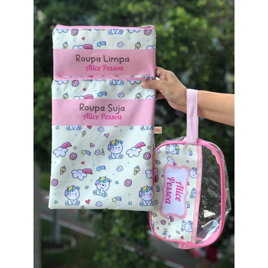 Kit Saquinhos Organizador Roupa Suja Limpa e Necessaire Personalizados com Nome Estampa Unicórnio Baby