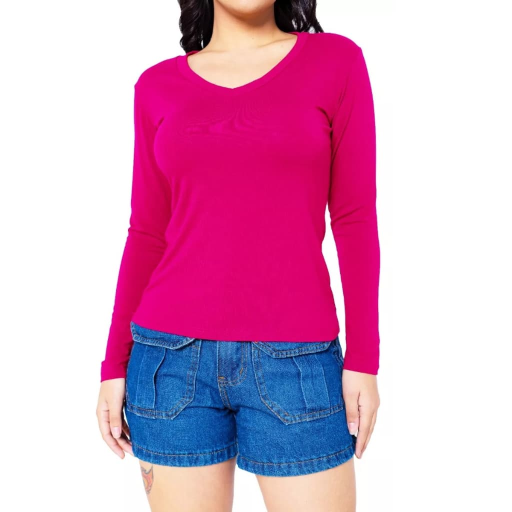 Blusa com Manga, Gola V Visco Lycra