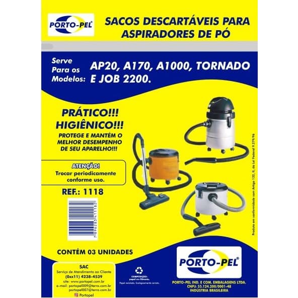 SACOS PARA ASPIRADOR DE PÓ AP20, A170, A1000, TORNADO E JOB 2200  KIT COM 3   1118  PORTO-PEL