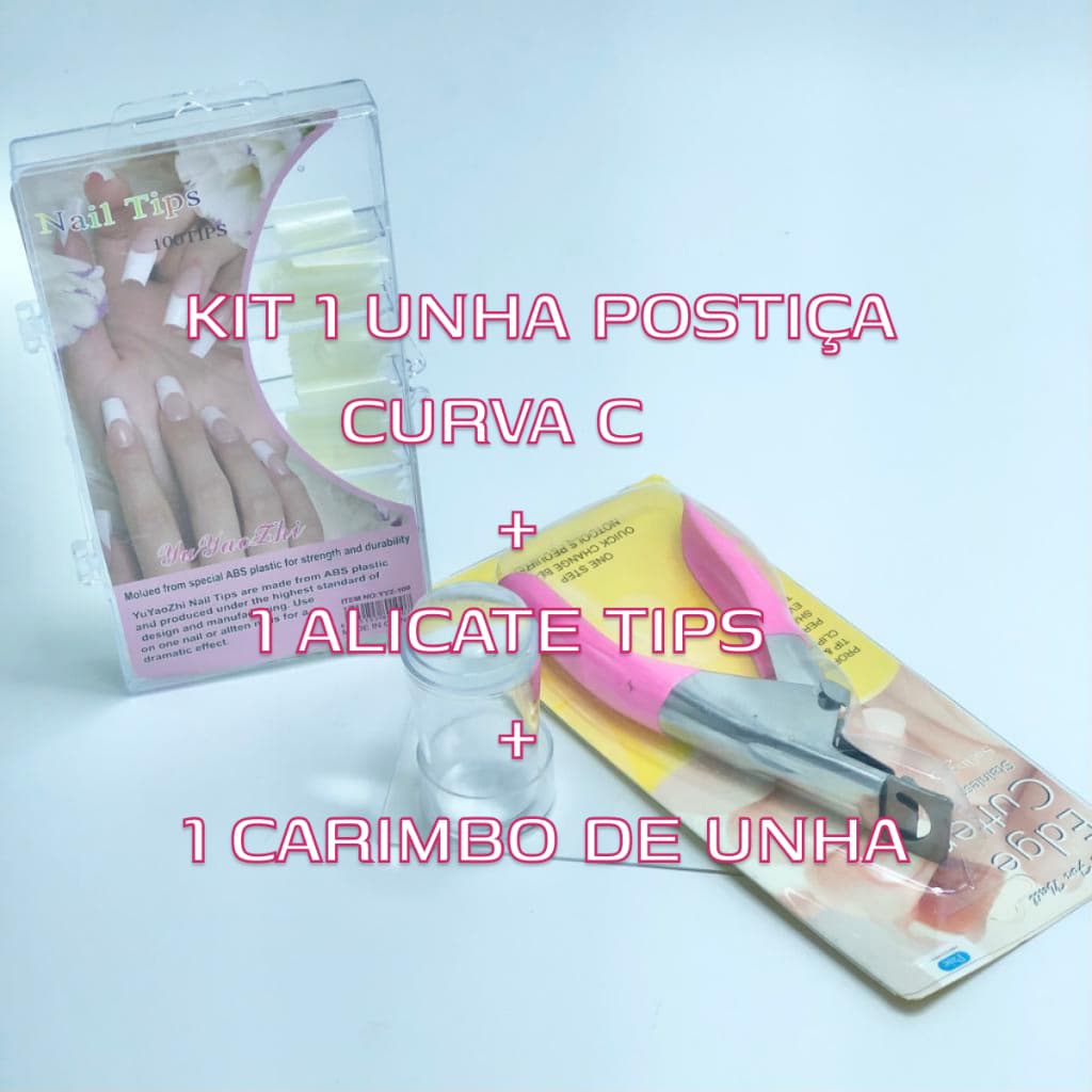 Kit 1 Unha Postiça Curvatura C + 1 Carimbo De Unha + 1 Alicate de Unha Postiça