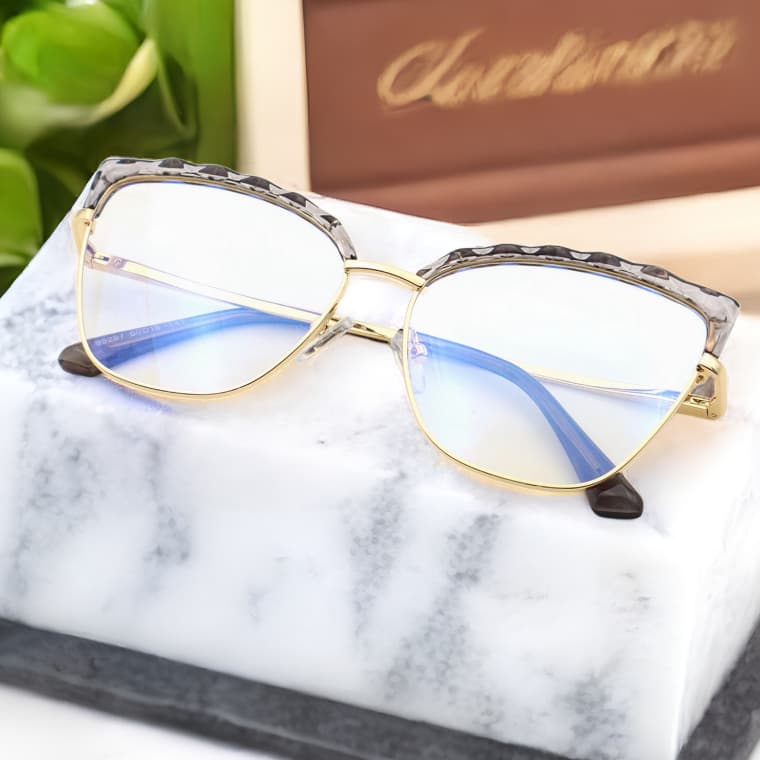 Armação de óculos de estilo europeu e americano, com design retrô e elegante de lente de gato em TR90, material óptico de metal e proteção contra luz azul, pernas de mola na moda para mulheres