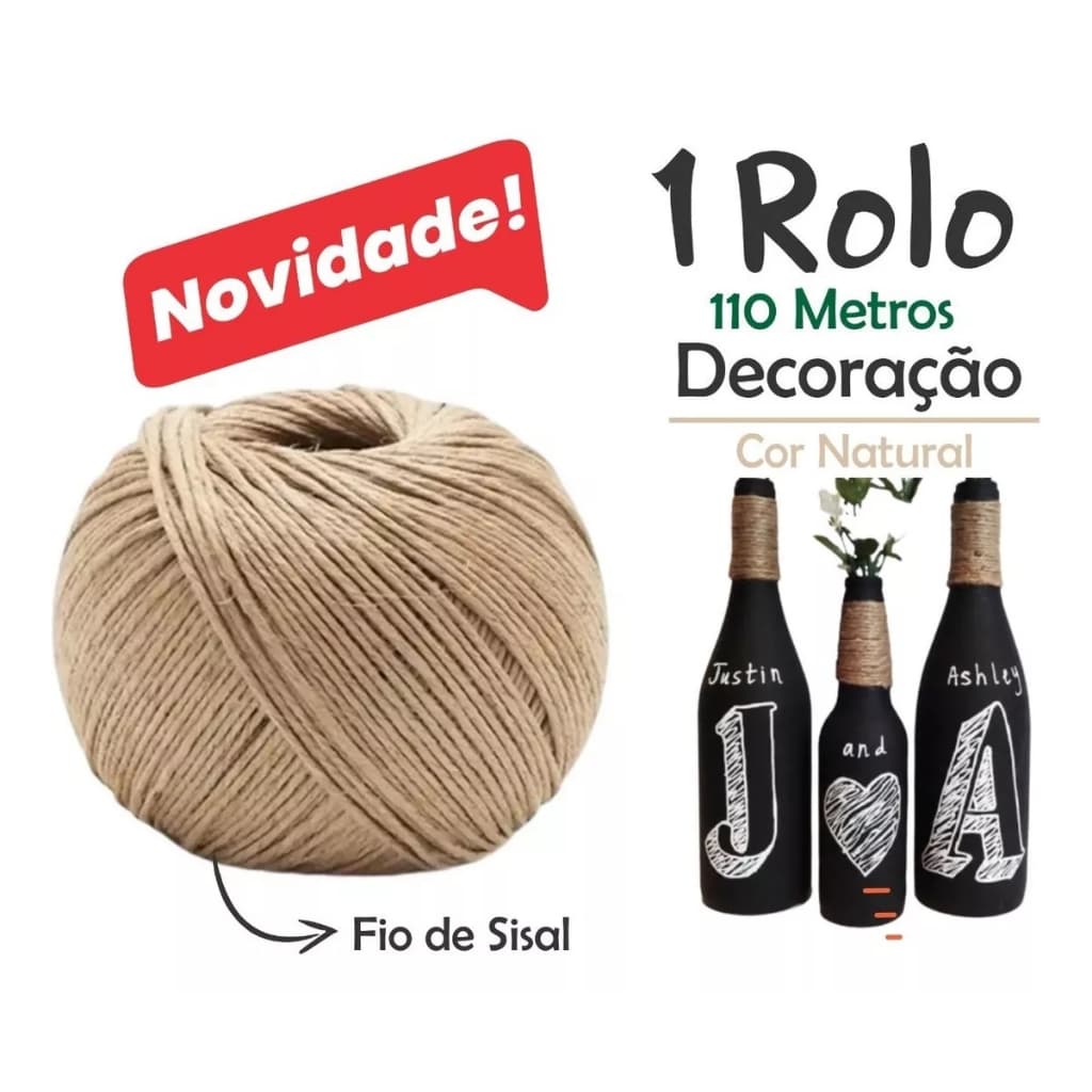 Fio cordão juta sisal - 2mm de Espessura com 100 Metros para Artesanatos, Convites, Laços, Presentes e Decoração