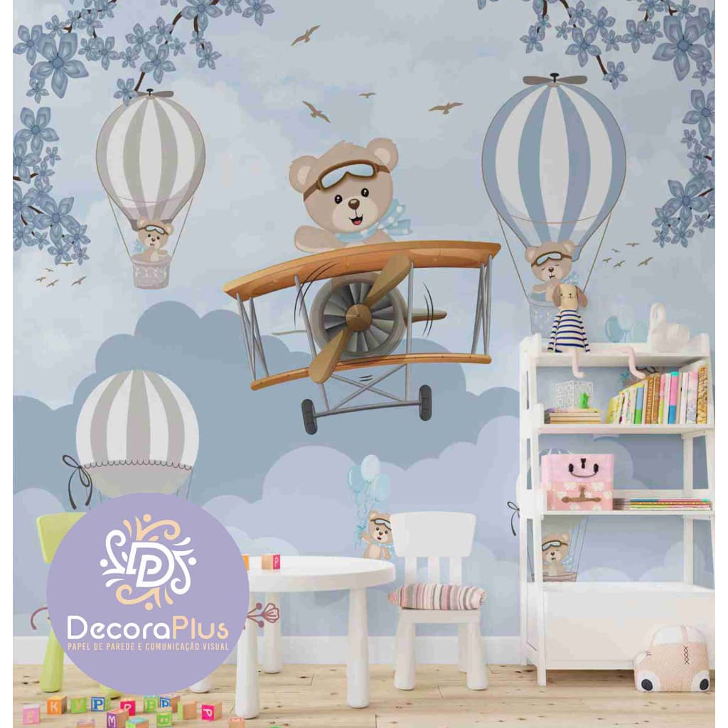 Papel De Parede Foto Mural Inteira Personalizado Infantil Ursinho Piloto no Avião Paisagem Safari