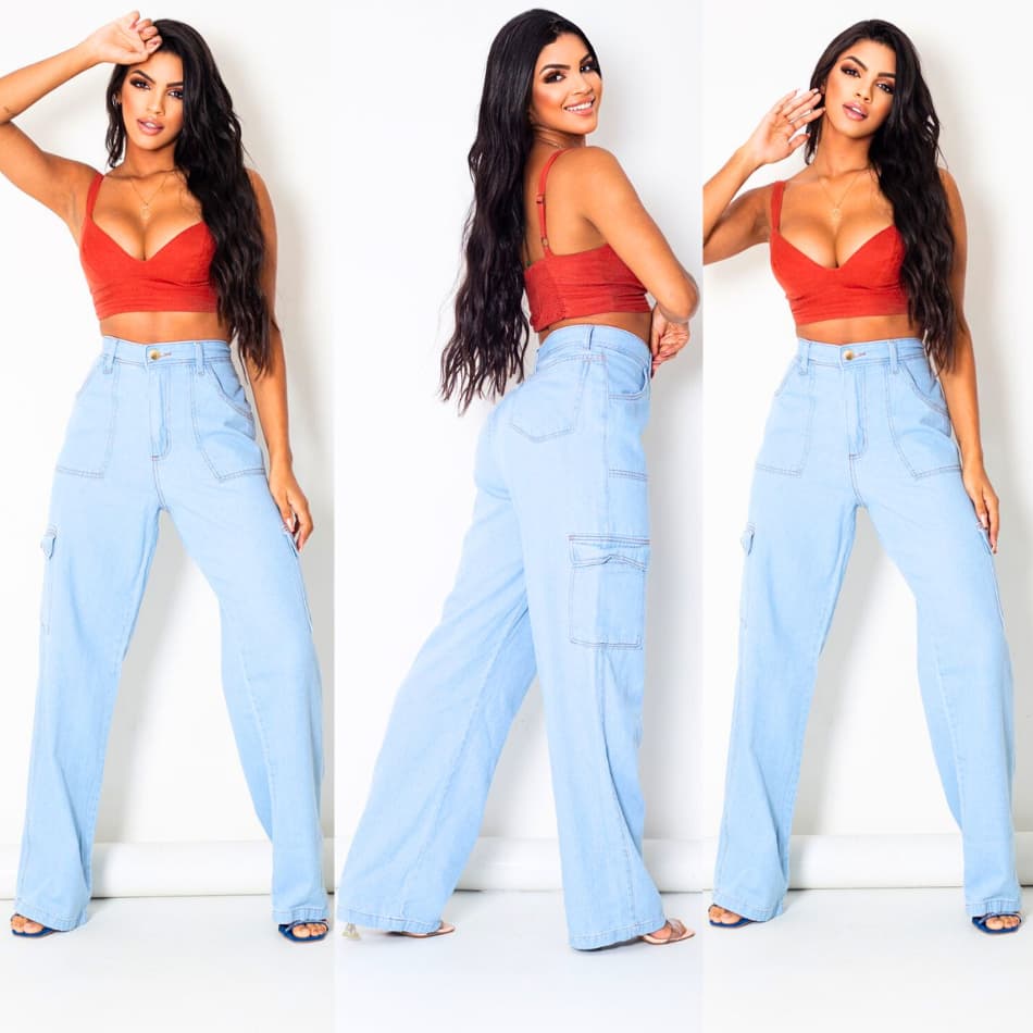 Calça Jeans Feminina Wide Leg Clara Cintura Alta Com Lycra ENVIO IMEDIATO 2023