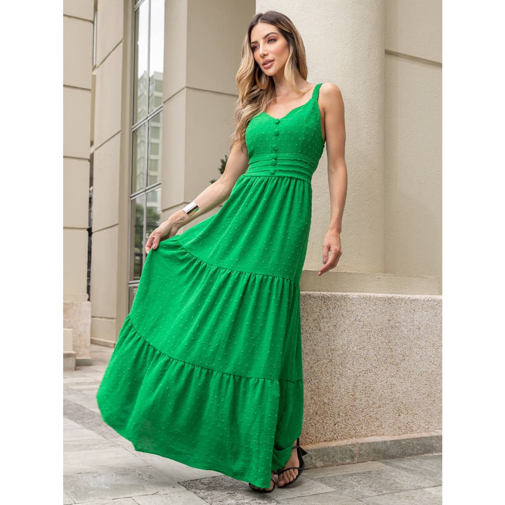 VESTIDO LONGA MODA FEMININAS LISA COM ALCA E CINTURA ELASTICA PIPOCA MODINHA