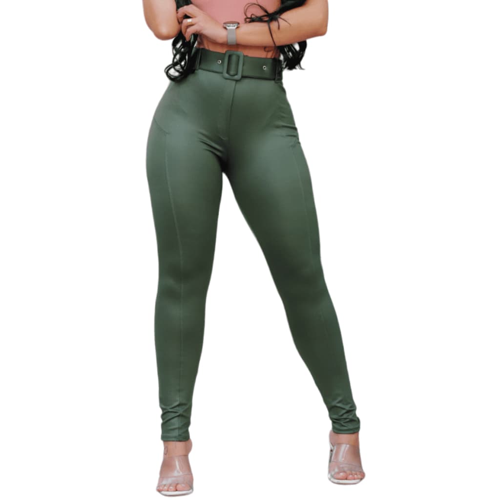 Calça Verde Cirre Feminina Com Lycra Cintura Alta Estilo Montaria + Cinto Fake