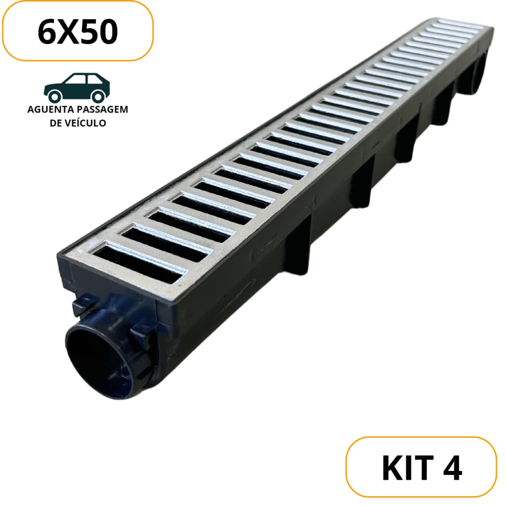 Ralo Linear Seca Piso 6x50cm Kit Com 4 Unidades Com Caixa Coletora Plástico Reforçado Aguenta Passagem de Carros