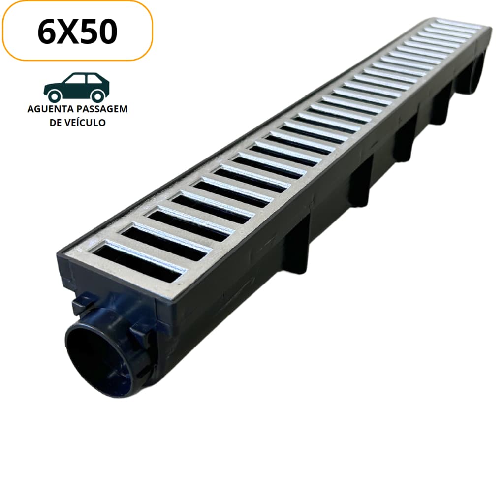 Ralo Linear Grelha 6x50 em Alumínio Aguenta Passagem de Carros Sifonado Anti Odor Seca Piso P/ Jardim - Banheiro - Piscina - Box - Corredor