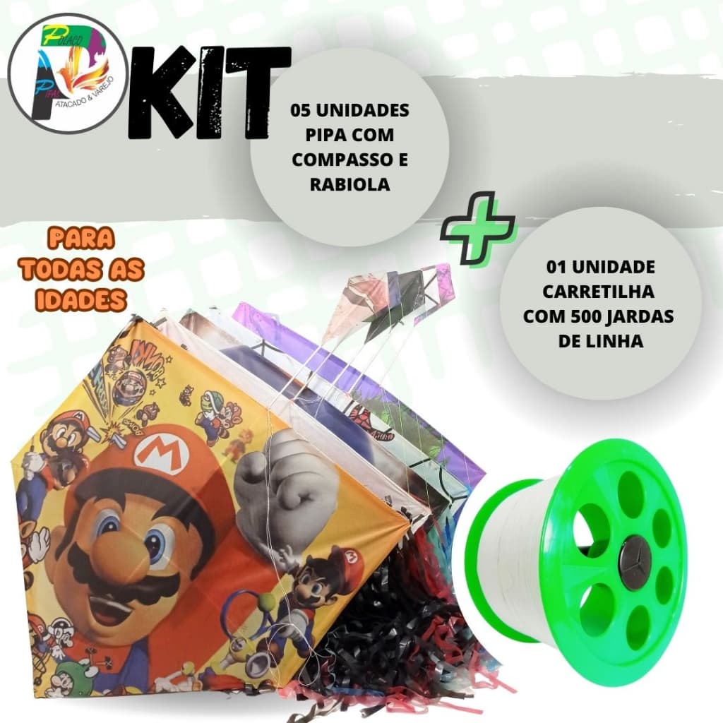 Kit 05 Pipas Pronta Com Compasso E Rabiola + Carretilha Com Linha