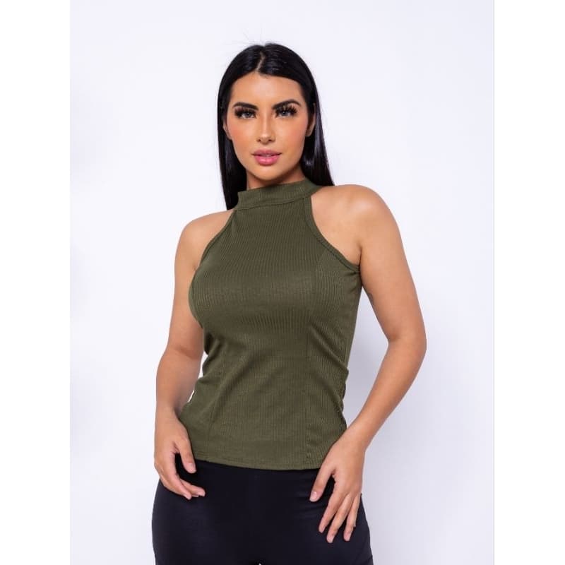 Regata Gola Alta Feminina Com Bojo Blusinha Canelada Moda Fashion Verão
