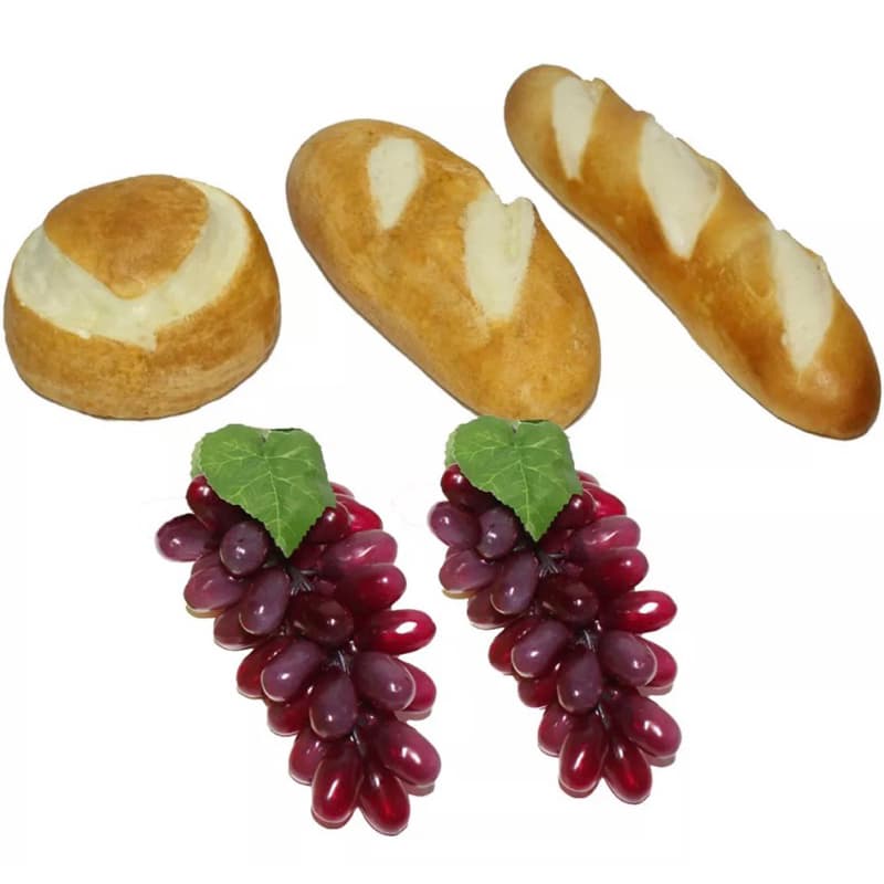 3 Pães artificiais e 2 Uvas artificiais cor VINHO 24cm Kit Arranjo Santa Ceia. filão, redondo e baguete