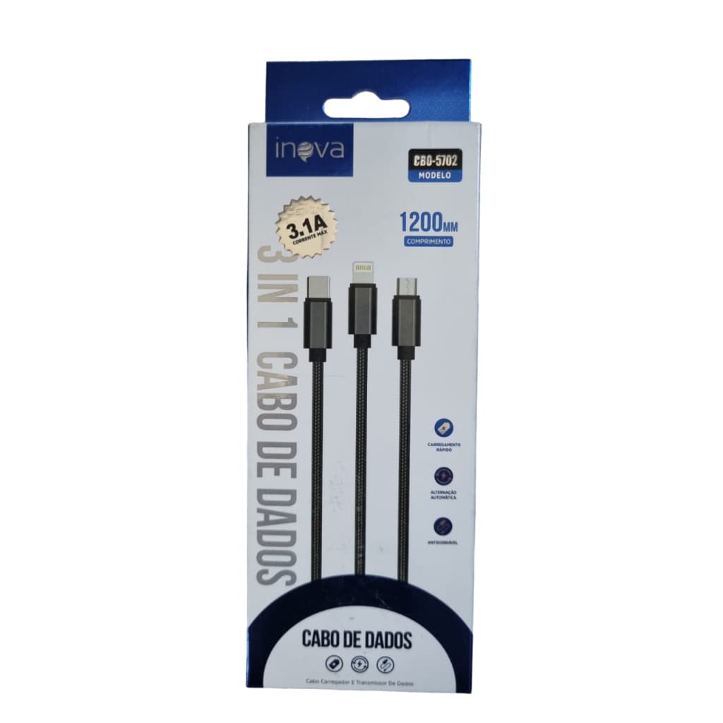 Cabo Inova 3.1A MAX 1200mm Dados e Carregamento 3 em 1 Tipo c V8 Iphone CBO5702