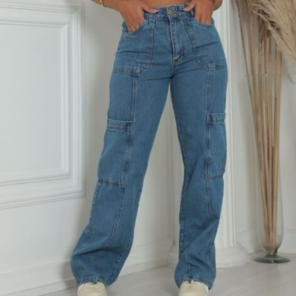 CALÇA FEMININA CARGO WIDE LEG JEANS