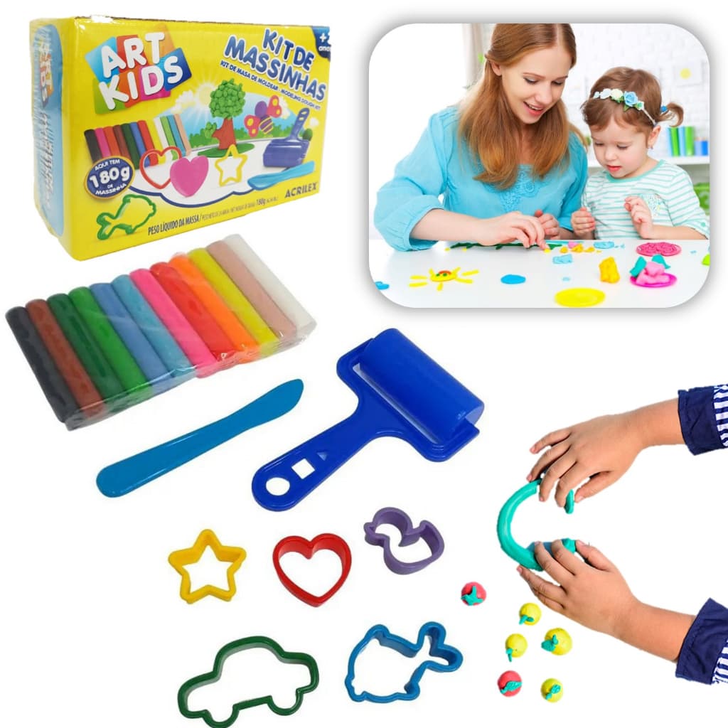 Massa Para Modelar Kit Com 12 Massinhas + Moldes 180gr
