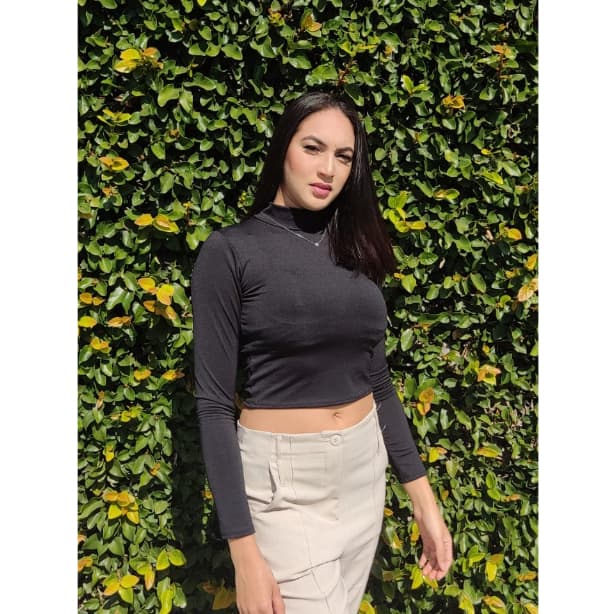 cropped feminino blusa manga longa gola alta segunda pele preto suplex poliamida