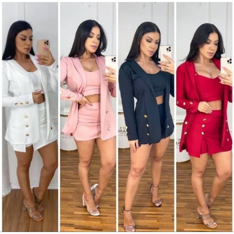 Conjunto Short Saia Cropped e Blazer Feminino Três Peças Tipo Alfaiataria Social Malha Crepe Blogueira Luxo