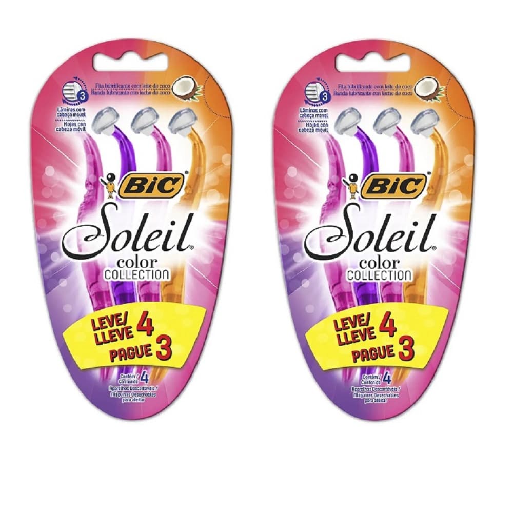 Kit 8 Un - Aparelho de Depilar BIC Soleil, 3 Lâminas, Dupla Fita Lubrificante, Rosa/Roxo/Laranja.