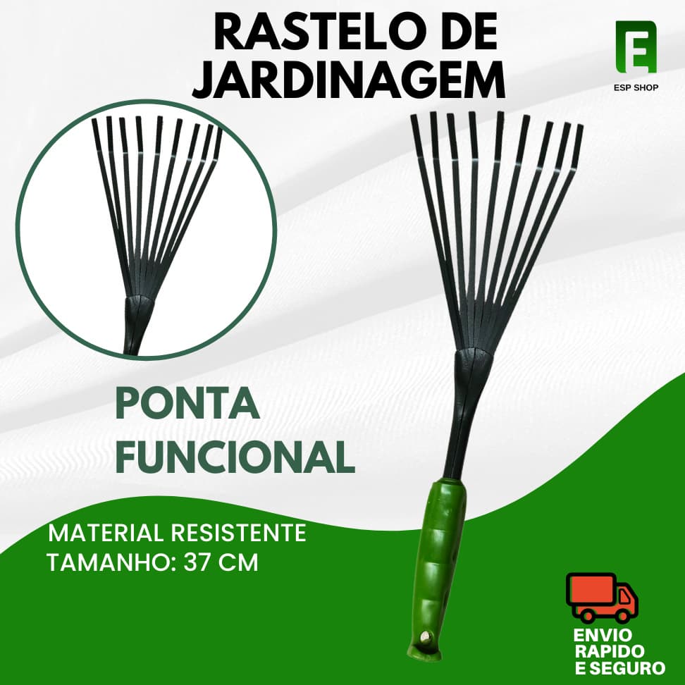 Rastelo Rastel Ancinho 37cm 9 Dentes Metal Verde Com Cabo Resistente Jardim