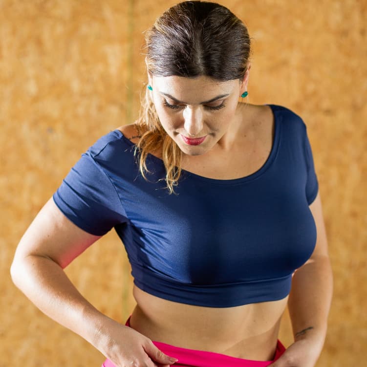Top Manga Curta Marinho Suplex Feminino Academia Fitness Plus Size