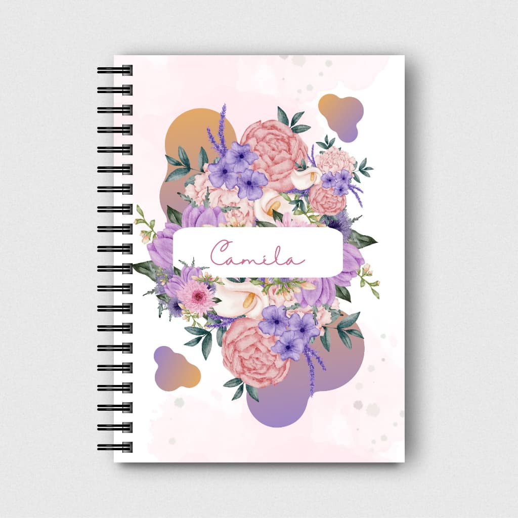 Caderno de Anotações Floral personalizado com nome e Inicial Tamanho A5 15x21cm capa dura Agenda Diária Wire-o Anel Metálico