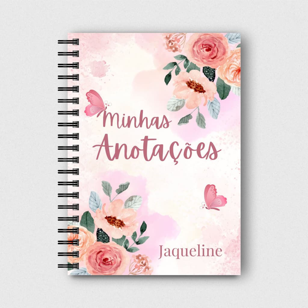 Caderno de Anotações Floral personalizado com nome e Inicial Tamanho A5 15x21cm