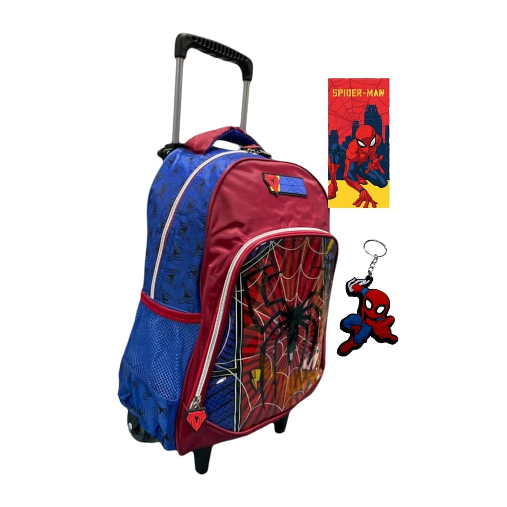 Bolsa Mochila Masculina Aranha Rodinhas Infantil Denlex Toalha e Chaveiro DL1373