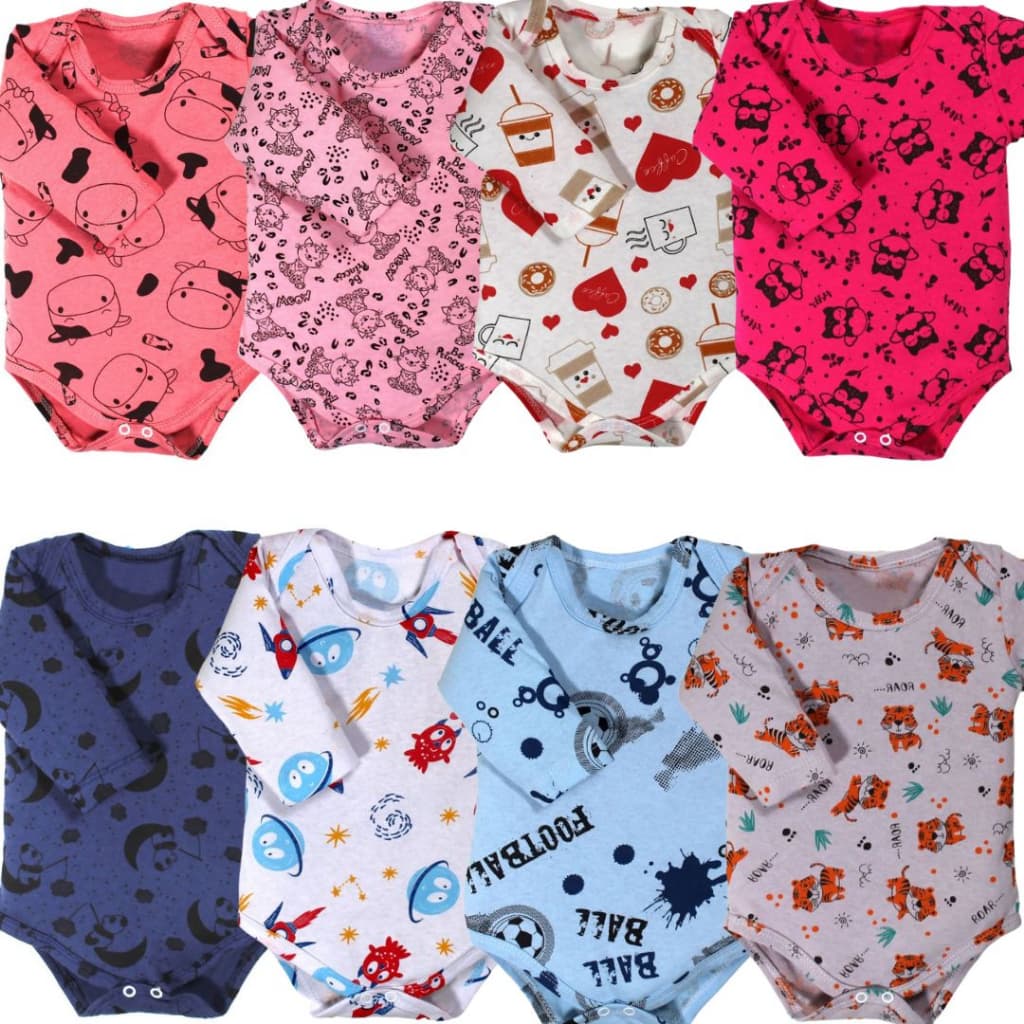 Kit 4 Pç Body Bebe Malha M/Longa Bicho Algodão Menino Menina