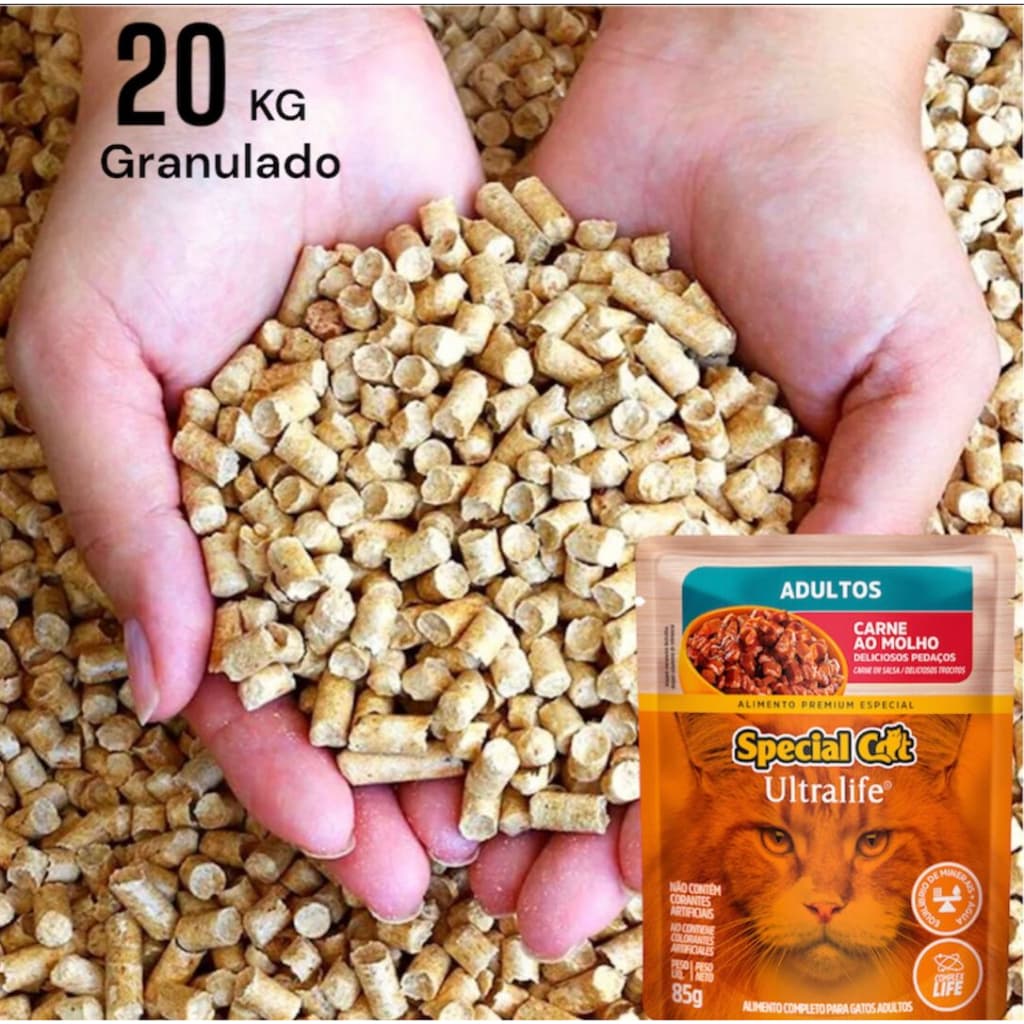 Ração Úmida Special Cat Ultralife para Gatos Adultos Sabor Carne ao Molho 85g + Granulado 20kg Pacotão Pinus de Madeira Linha Premium a GRANEL para Gatos, Roedores, Hamster, Coelhos