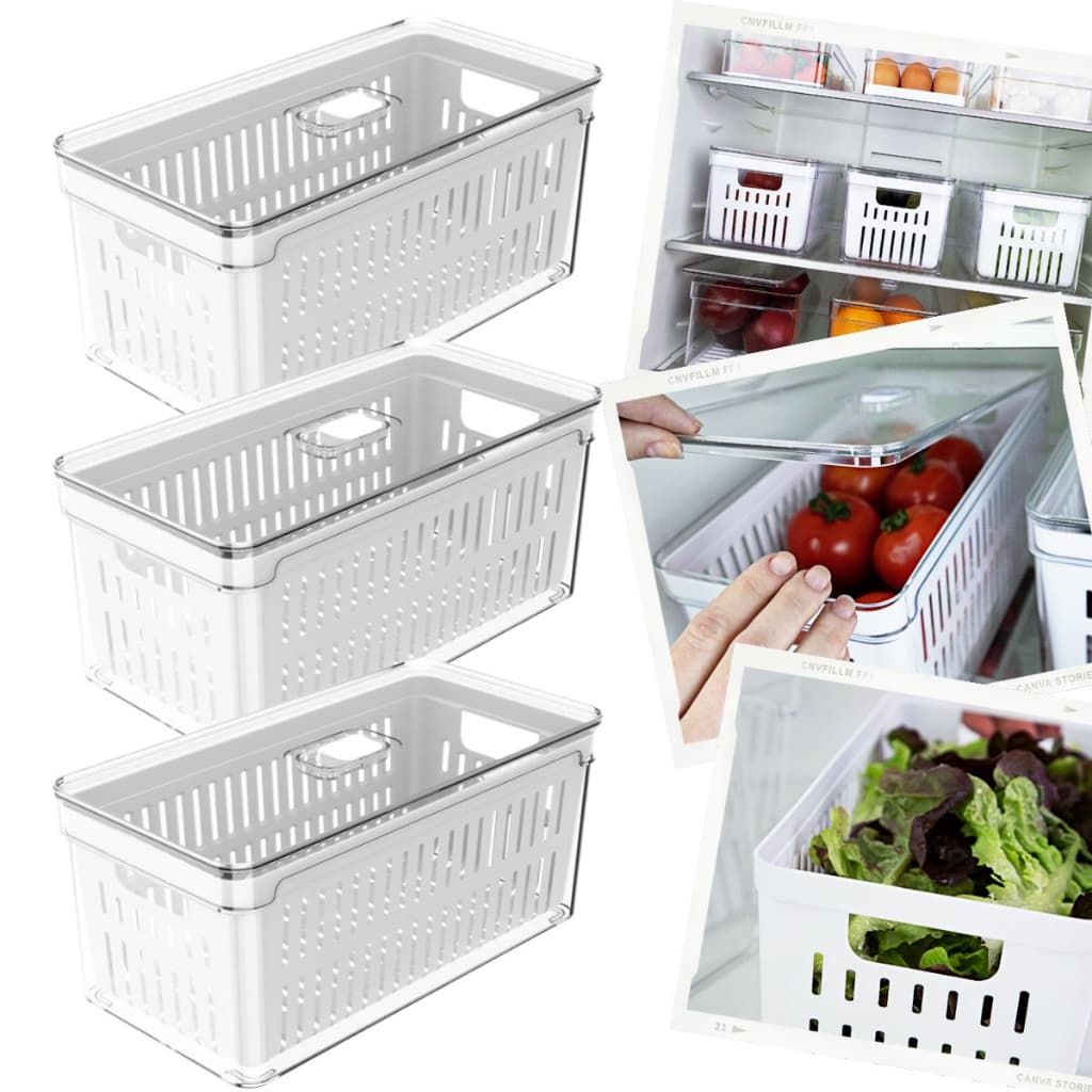 Kit 3 Potes De Geladeira Organizador Grande Com Cesto de Drenagem Alimentos Frescos