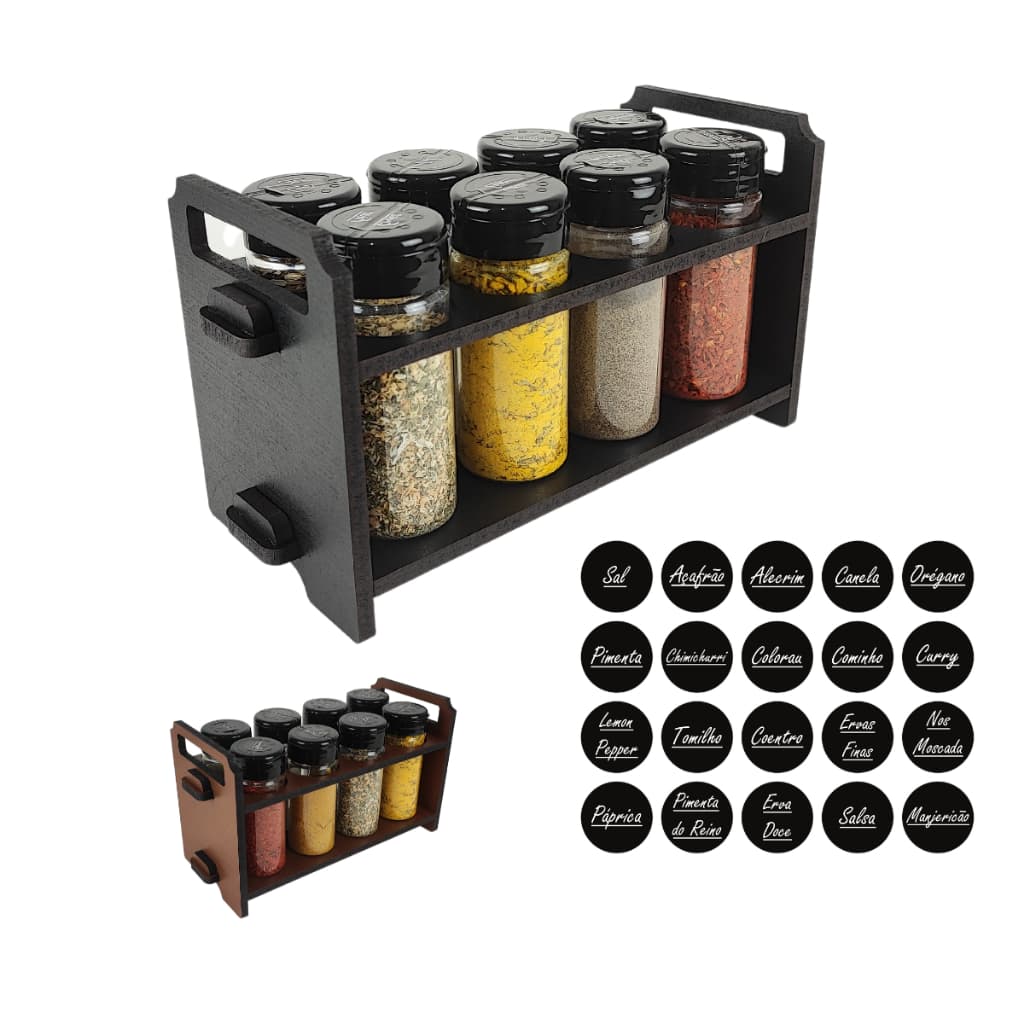 Porta Tempero de Mesa com  Duas Alça de Transporte em Mdf Pintado com 8 Potes com Tampas mais 20 Etiquetas