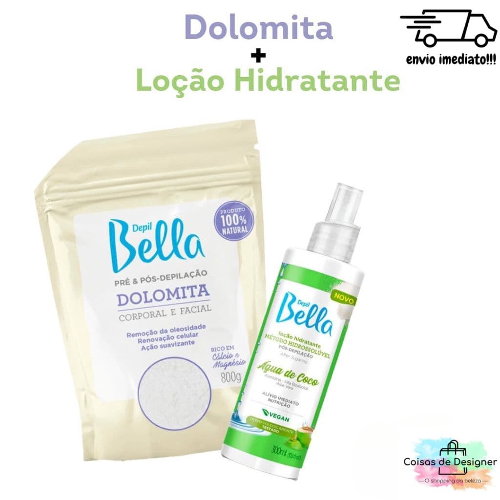 Kit Porcelana Dolomita Corporal e Facial Pré  Pós-Depilação  800g + Água de Coco 300ml - Depil Bella