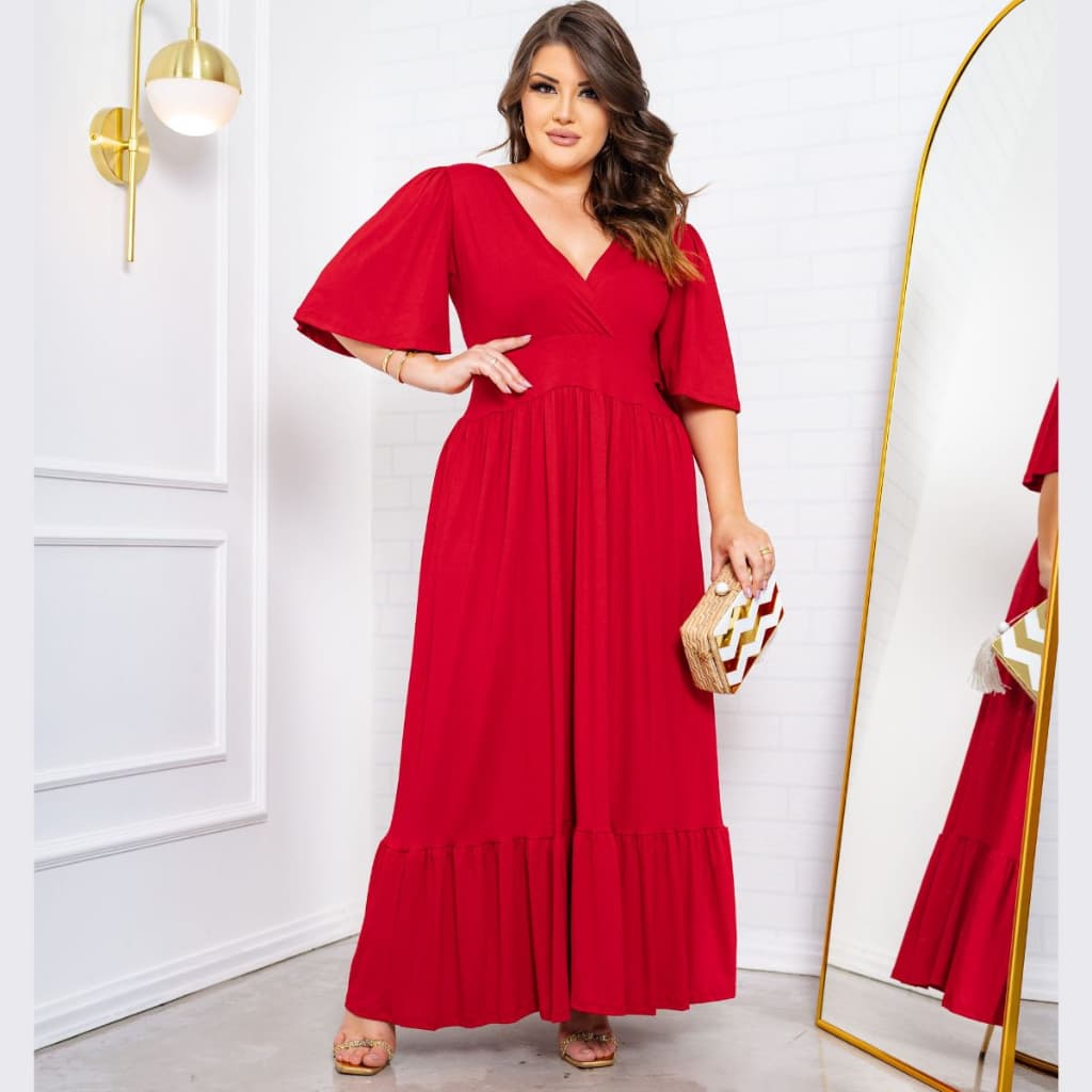 Vestido Festa Longo Rodado Liso Saia Babado Uma Maria Moda Blogueirinha Verão