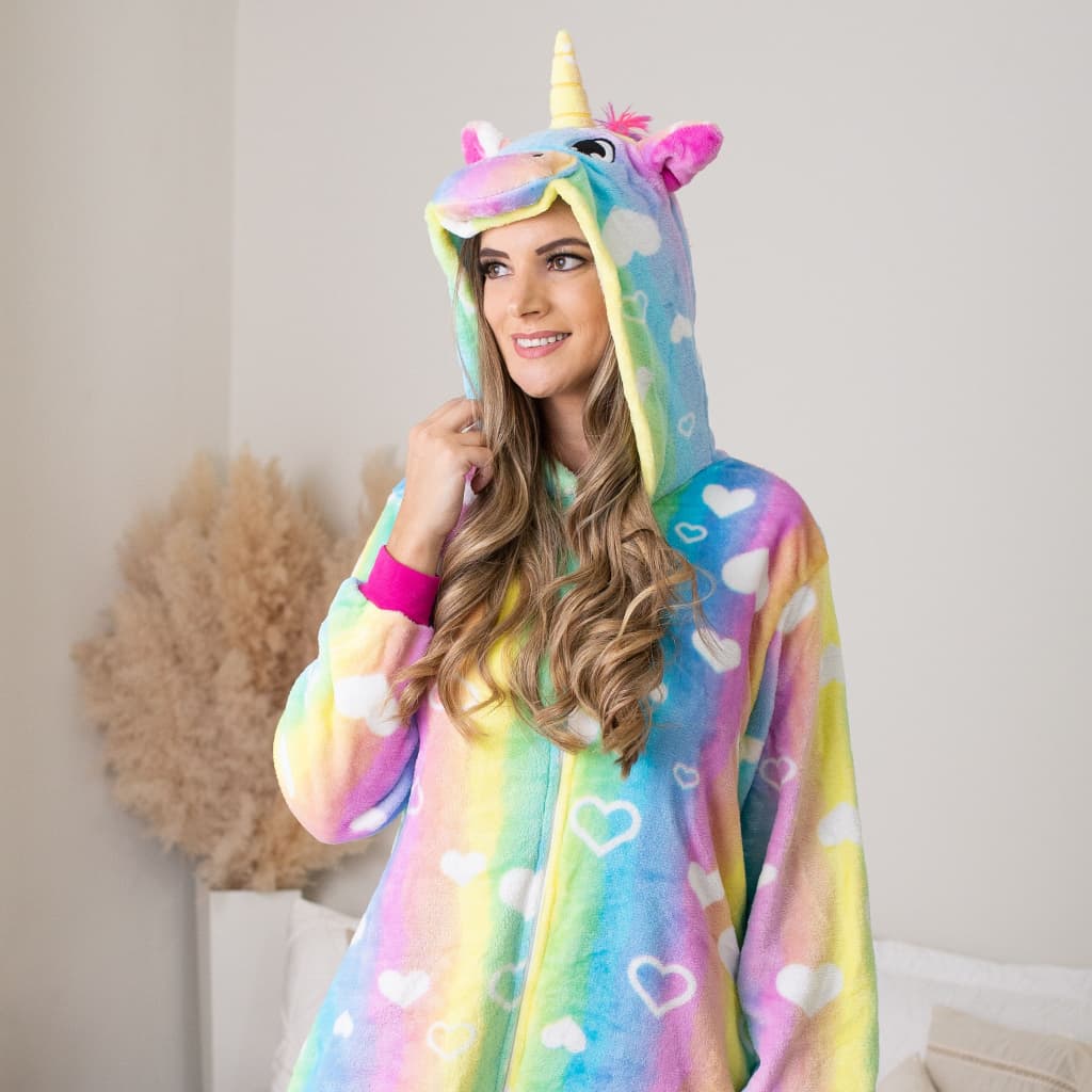 Pijama Macacão Adulto Unicórnio Feminino Kigurumi Capuz Fantasia