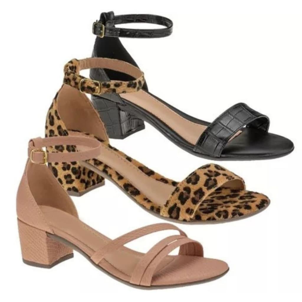 Kit 3 Pares Sandália Feminina Saltinho Quadrado Básica Confortável Trabalho