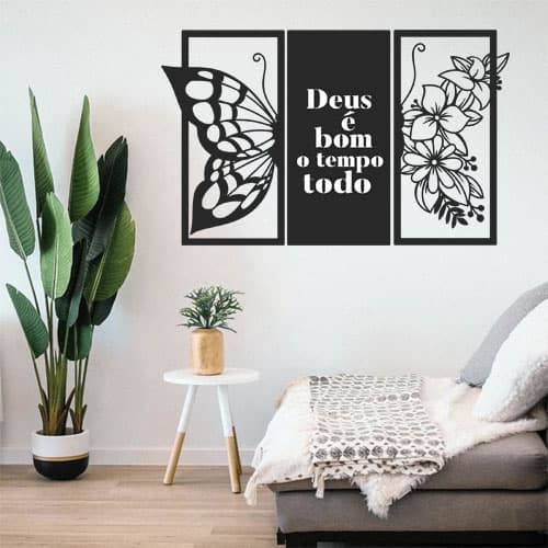 Kit 3 Quadros Borboleta com Frase Deus é bom o tempo todo Decorativo