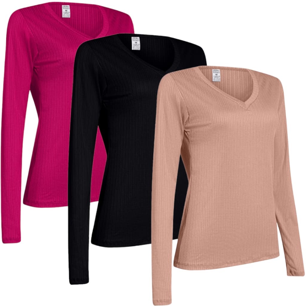Kit Com 3 Blusas Canelada Segunda Pele Feminina Gola V Elastano