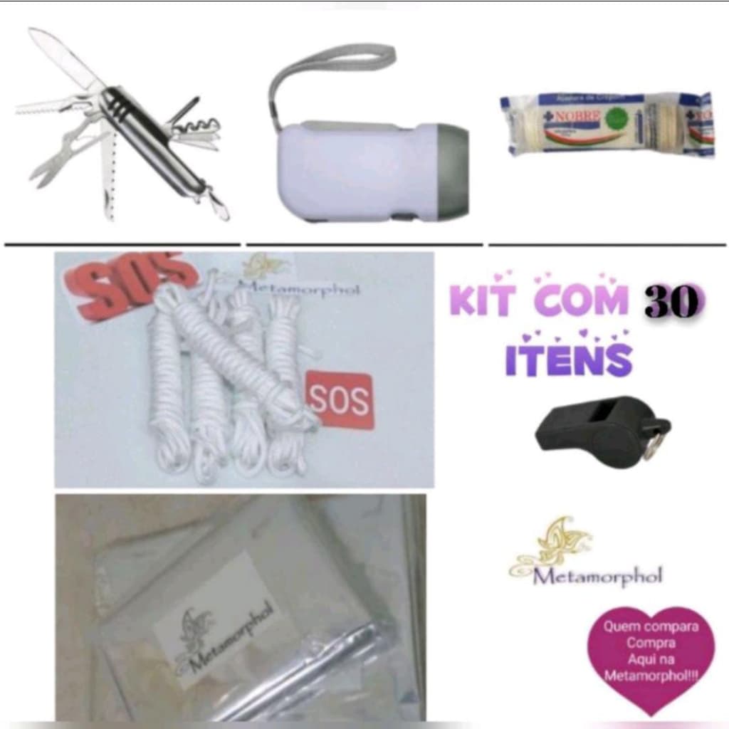 Kit de Primeiros Socorros e Equipamentos Básico para Mochila de Emergência - 30 itens.