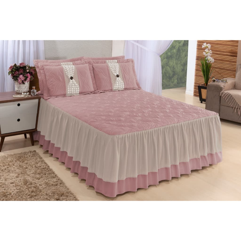 Kit Colcha Moderna Betina Queen Size 03 Peças Jodo de Cama Box - Tabaco/ Bege Babado Cobre Leito