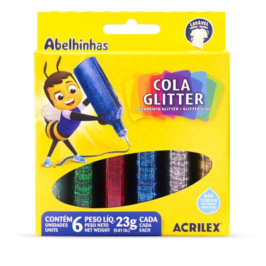 Cola colorida glitter Acrilex  6 unidades 23g abelhinhas