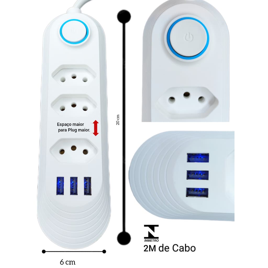 Extensão de Tomada 2M com 4 ou 5 entradas tripolar + HUB com 3 ou 4 saídas USB 2.0A Inmetro