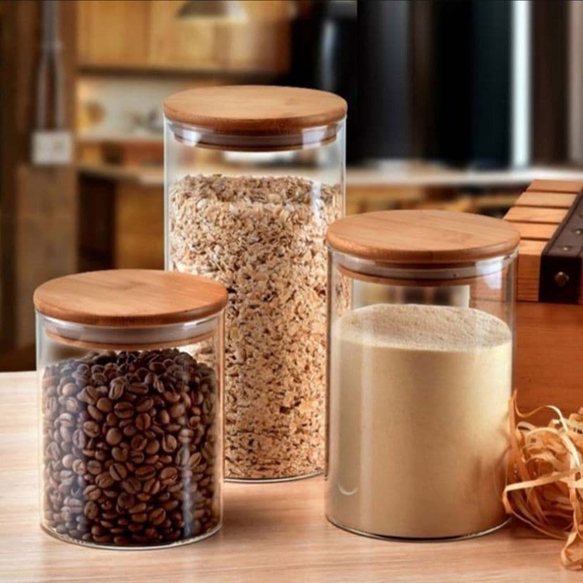 Pote de vidro com tampa de bambu grande médio ou pequeno para mantimentos alimentos e temperos - potes de vidro de bambu para mantimento