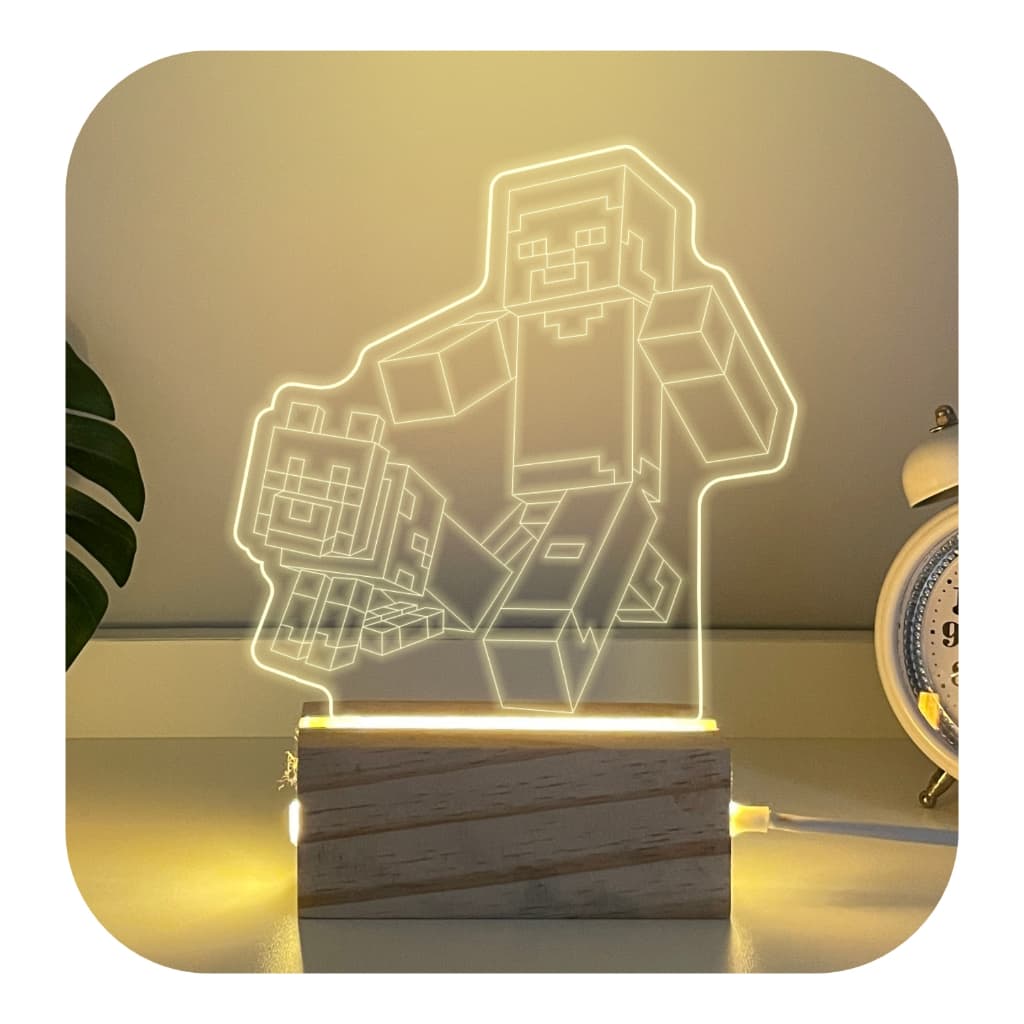 Luminária De Mesa Lobinho Steve Em Madeira 3d Acrílico Led Abajur