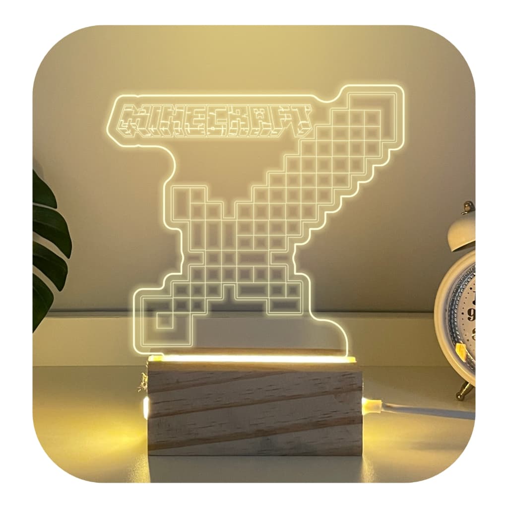 Luminária De Mesa Espada Minecraft Em Madeira 3d Acrílico Led Abajur