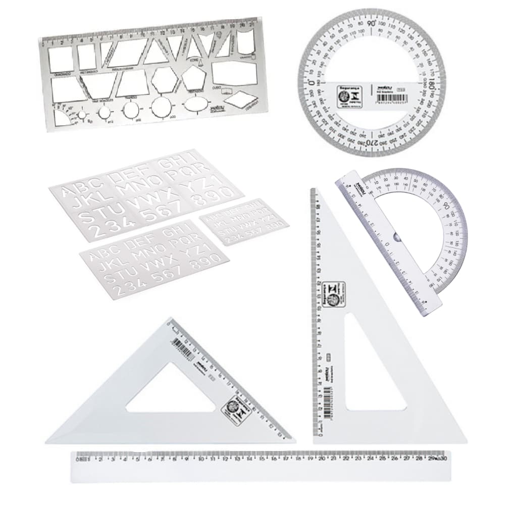 Kit 9 Réguas Geométrica Escolar Esquadro Transferidor