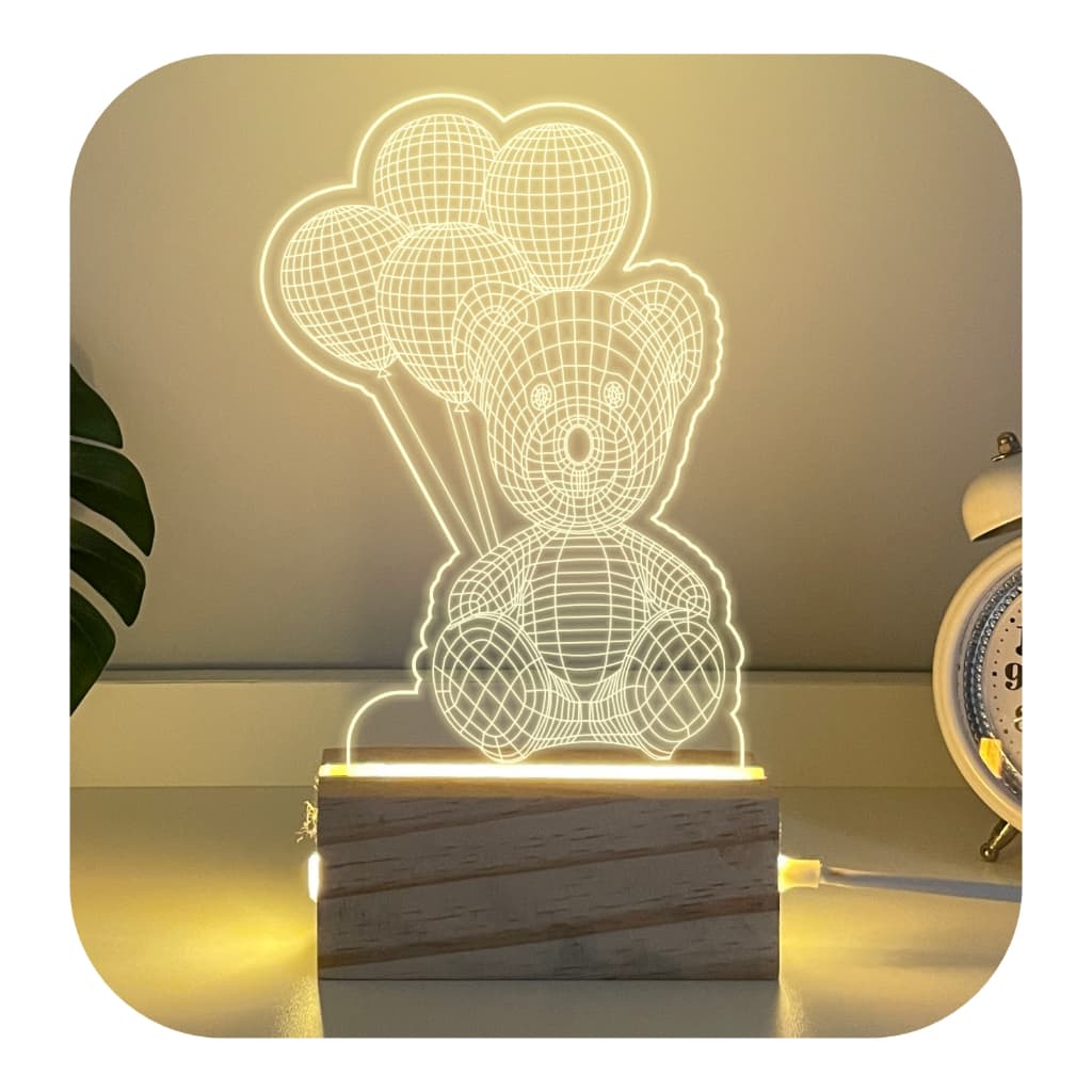 Luminária De Mesa Madeira Cute Ursinho Baby 3d Acrílico Led