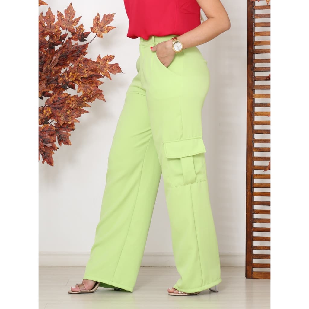 calça cargo feminina alfaiataria wide leg com bolso lateral cintura alta