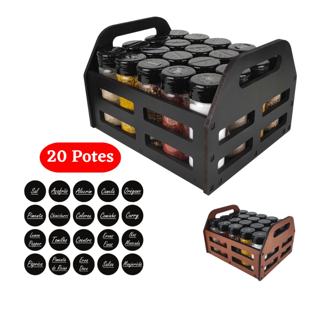 Caixote Porta Temperos para 20 Potes com Cartela de Etiquetas