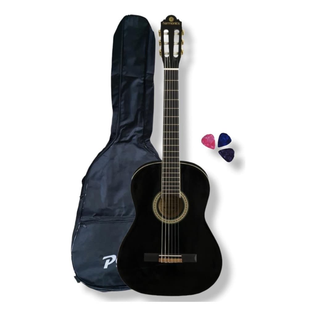Kit Violão Acústico Iniciante Harmonics GNA 111 bk + Capa + Palhetas Preto/Natural/Sumburts