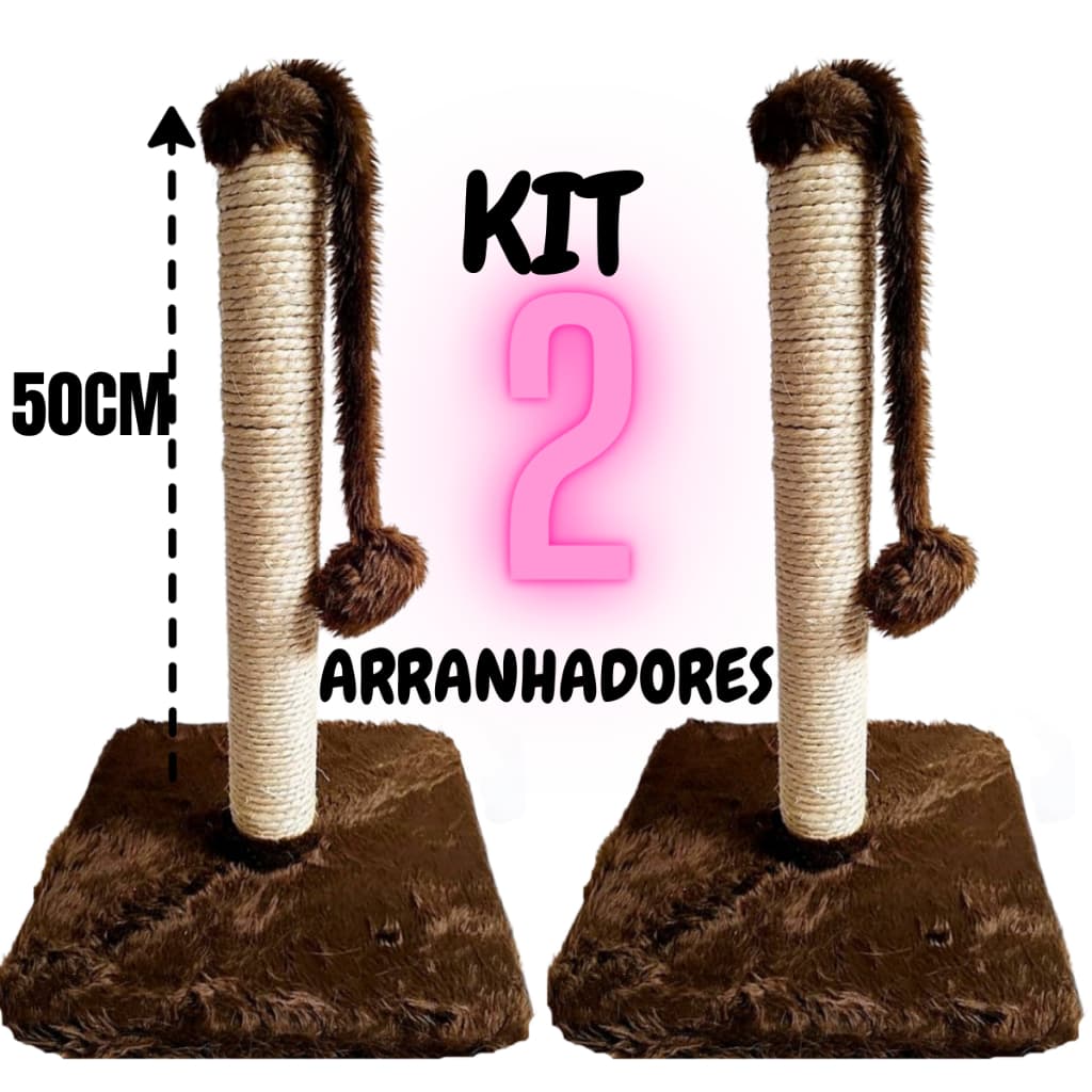 Kit 2 unidades Arranhador Para Gatos Poste Sisal 50cm com Brinquedo Gato Pompom