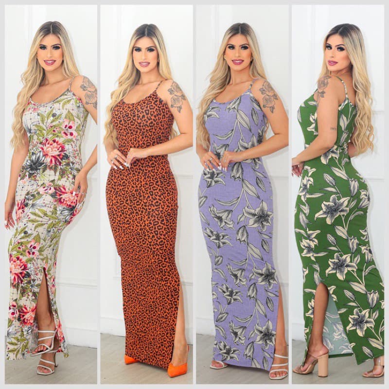 Vestido canelado longo alcinha com fenda estampado tubinho justo no corpo